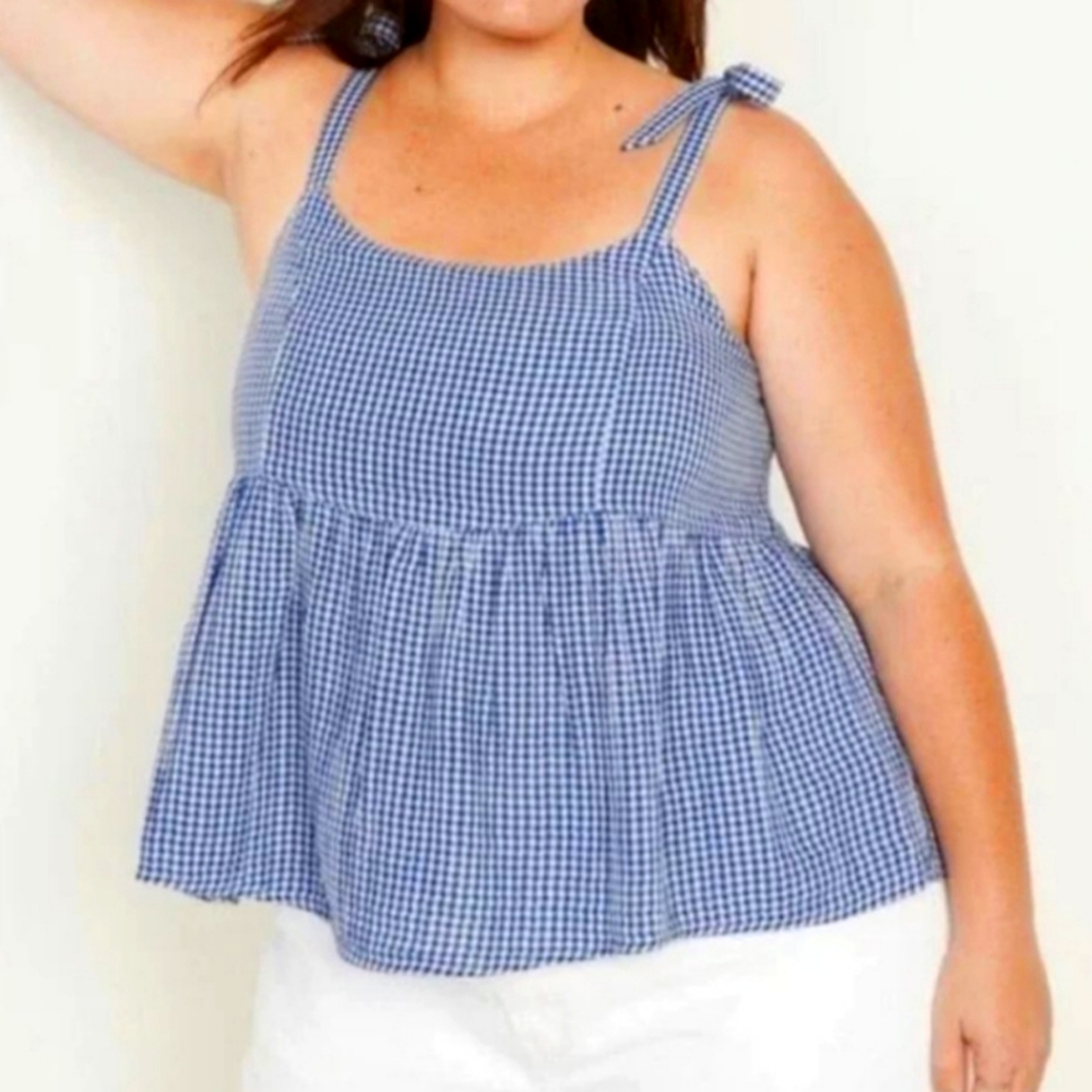 Old Navy Plus Size 2x Blue Gingham Women's Tank Top Tie Sleeves Ruffle Coastal